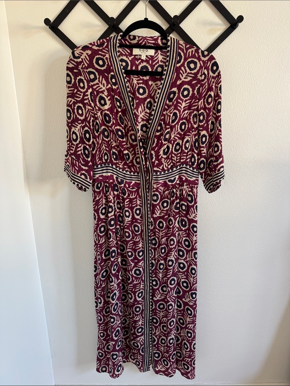 Sea Burgundy Printed V-Neck Dress with Contrast Trim